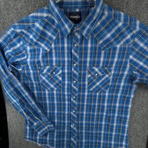 Wrangler Blue 2XL Men Long Sleeve Pearl Snap Up Shirt Woven Western Plaid Adult
